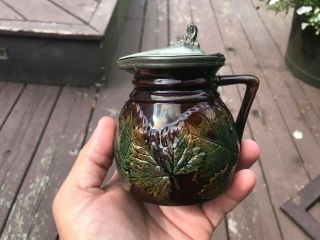 19th Century Maple Leaf Majolica Pewter Lid Multi Colored Syrup Pitcher