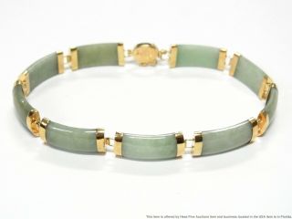Vintage Celadon Green Jadeite Jade 14k Gold Bracelet Chinese Happiness 7.  5in
