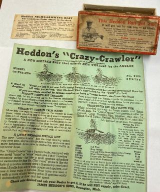 Vintage Heddon Crazy Crawler 2100 Gw Glow Worm Fishing Lure Box Only Intro Paper