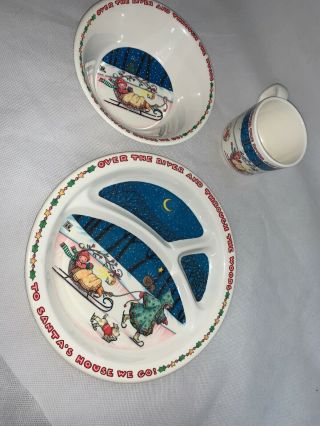 Vintage Mary Engelbreit Child’s Holiday Plate Bowl Cup 3 Piece Set Charpente Euc