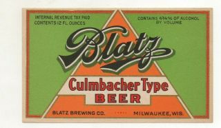 12oz Blatz Culmbacher Type Beer Bottle Label By Blatz Brewing Co Milwaukee Wis