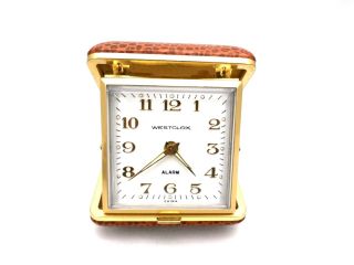 Vintage Westclox Travel Alarm Clock Leather Reptile Folding Case