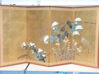 Vtg Japanese Chinese 4 Panel Folding Screen Byobu Painted 70x36 Antique Signed