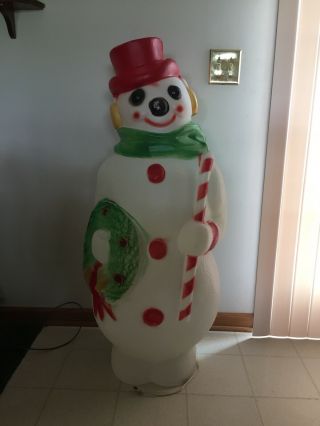 Vintage Empire 48” Giant Snowman Blow Mold With Wreath And Candy Cane