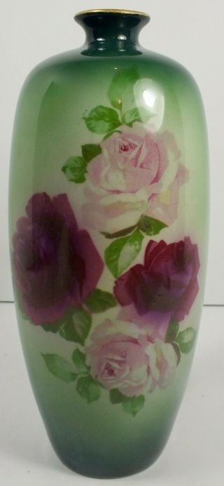 Antique Warwick Ioga Tall Porcelain Vase W/ Hand Painted Burgundy & Pink Roses