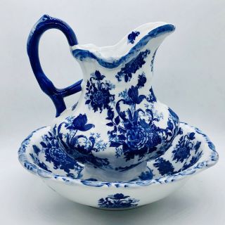 Vintage Blue/white Victorian Floral Design Pitcher And Water Bowl