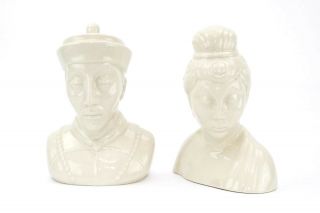 Mid Century Beige Glazed Ceramic Asian Oriental Couple Figurines Bust