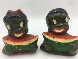 Vintage Black Americana Memorabilia Pair (x2) Chalkware Watermelon Salt Pepper