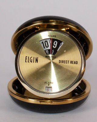 Vintage Elgin Direct Reading Compact Clamshell Travel Alarm Clock 8598