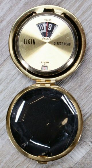 VINTAGE ELGIN DIRECT READING COMPACT CLAMSHELL TRAVEL ALARM CLOCK 8598 3