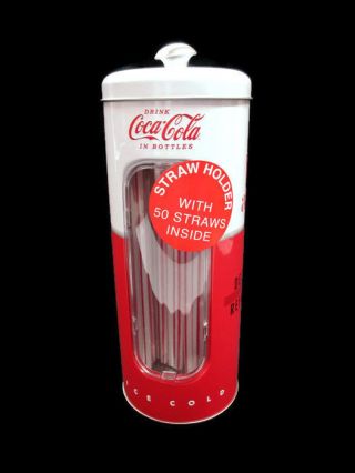 Coca - Cola Tin Straw Dispenser W/ 50 Straws Have A Coke -