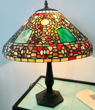 Antique Tiffany Style Table Lamp Stained Glass Light