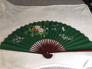 Large Oriental Vintage Hand Painted Chinese Fan Decorative Wall Hanging Art 44”