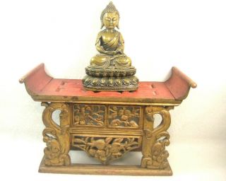 Vintage Chinese C.  1910 Hand Carved Wooden Lacquer Buddhist Altar Offering Stand