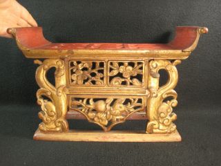 VINTAGE CHINESE c.  1910 HAND CARVED WOODEN LACQUER BUDDHIST ALTAR OFFERING STAND 2