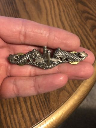 Vintage Us Navy Wwii Submarine Dolphin Sterling Silver Badge Pin 2.  75” No Maker