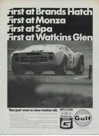 1968 Gulf Formula G Oil Ford Gt 40 Monza Watkins Glen Spa Car Print Ad