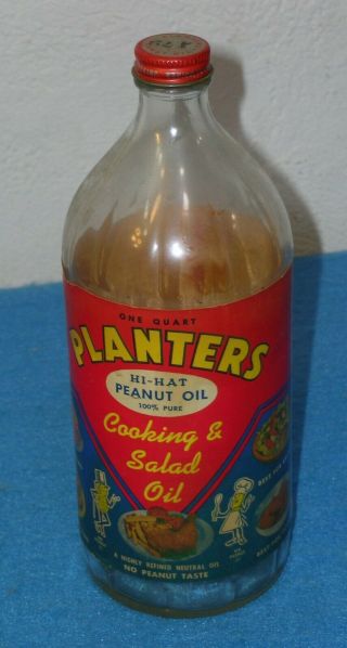 Vintage Planters Peanuts Quart Bottle Hi - Hat Peanut Oil Mr Peanut