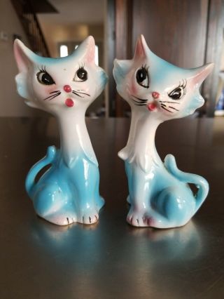 Vintage Blue & White Cat Salt And Pepper Shaker Set Japan.  Siamese Like