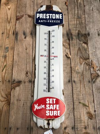 Vintage Prestone Anti - Freeze Thermometer Porcelain Sign 36 "