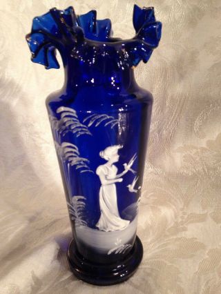 Vintage Mary Gregory Cobalt Blue Glass Vase W/ Pontil Mark & Gold Ruffled Edges