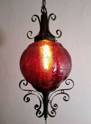Vintage Mcm Spanish Tudor Red Crackle Wrought Iron Hanging Swag Lamp Gothic