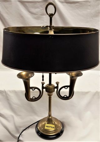 Vtg 24 " Brass Wildwood French Horn Bouillotte Tole Table Lamp W/ Brass Shade Ct