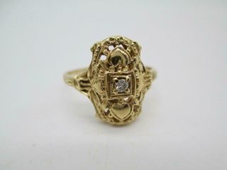 Antique Art Deco 14 Kt Yellow Gold Filigree Diamond Dinner Ring Size 9.  25