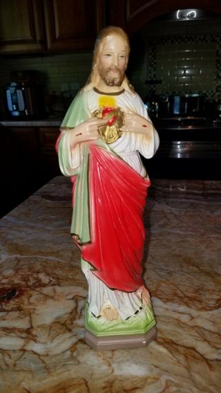 Vintage Chalkware Sacred Heart Of Jesus Figure Statue C.  S.  110 Italy Catholic