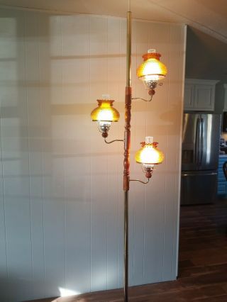 Vintage Tension Pole Lamp 60 - 70s Honey Amber 3 Light Fixture Lamp Hurricane 7 - 9 