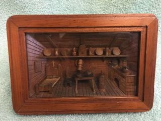 Hand Carved Country Log Cabin Wooden Shadow Cigar Box Diorama Folk Art