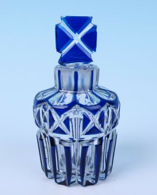 Antique Cobalt Cut To Clear Scent Perfume Bottle W/ Stopper Blue Overlay Glass