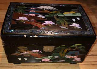 Vintage Japanese Jewelry & Music Box Hand Painted Black Lacquered Inlayed Guc