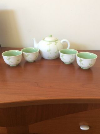 Teavana Teapot 4 Cups White Bisque Green Bamboo Gorgeous