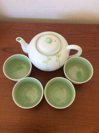Teavana Teapot 4 Cups White Bisque Green Bamboo Gorgeous 2