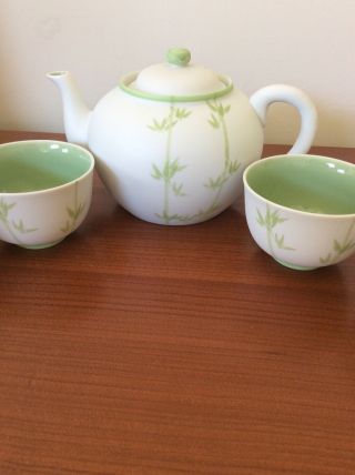Teavana Teapot 4 Cups White Bisque Green Bamboo Gorgeous 3