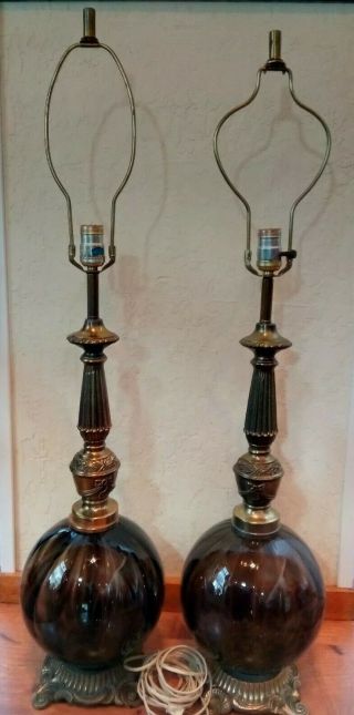 Vintage Set Of Smoke Glass And Brass Mid Century 3 - Way Table Lamps 60 