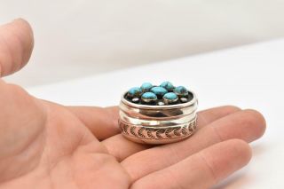 Vintage Sterling Silver Pill Box With Turquoise Stones Trinket Native American