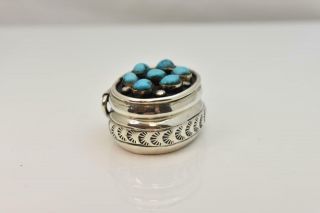 Vintage Sterling Silver Pill Box with Turquoise Stones Trinket Native American 2