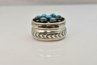 Vintage Sterling Silver Pill Box with Turquoise Stones Trinket Native American 3