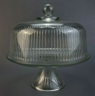 Vintage Ribbed Clear Glass Cake Pedestal Stand W/ Dome Cover 11 "