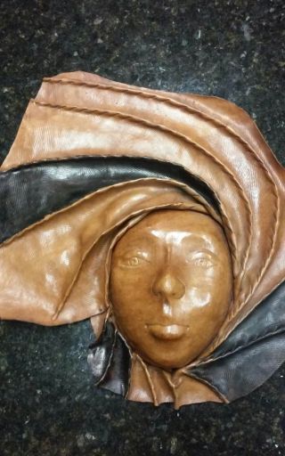 Vtg Hand Crafted Painted Leather Mask Folk Art 3d Wall Decor African Woman