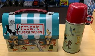 Vintage Metal Dome Lunch Box With Thermos Porky 