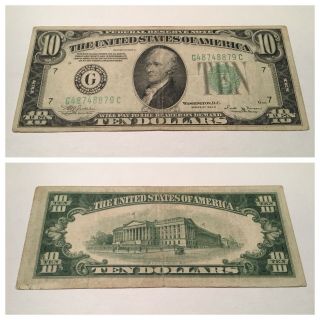 Vintage Ten $10 Dollar 1934 - B Chicago Federal Reserve Note Green Dollars Vinson