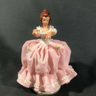 Vintage Dresden Lace Figurine Dancing Lady In Pink Dress Hand Painted Germany