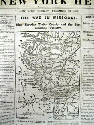 1861 Civil War Display Newspaper Large Map Kansas City Missouri Mississippi Riv