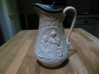 Victorian Antique Ironstone Syrup Pitcher Gypsy W/ Girl Hinged Lid Vintage Rare