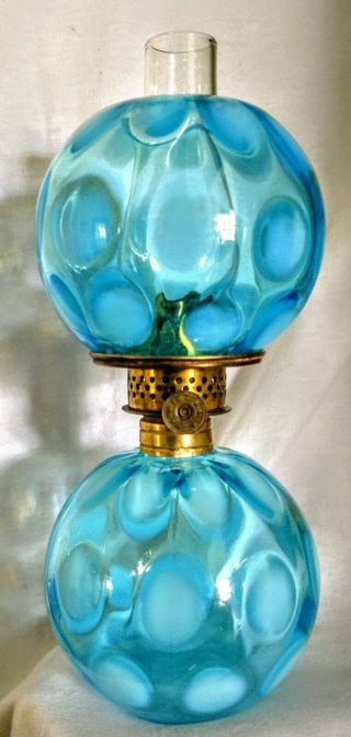 Miniature Antique Blue Opalescent Coin Dot Glass Oil Lamp Complete