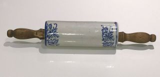 Antique Blue & White Wildflower Pattern Stoneware Pottery Rolling Pin