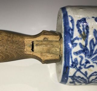 Antique Blue & White WIldflower Pattern Stoneware Pottery Rolling Pin 2